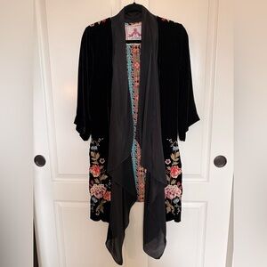 Johnny Was Black velvet mixed media Kimono with Floral Embroidery